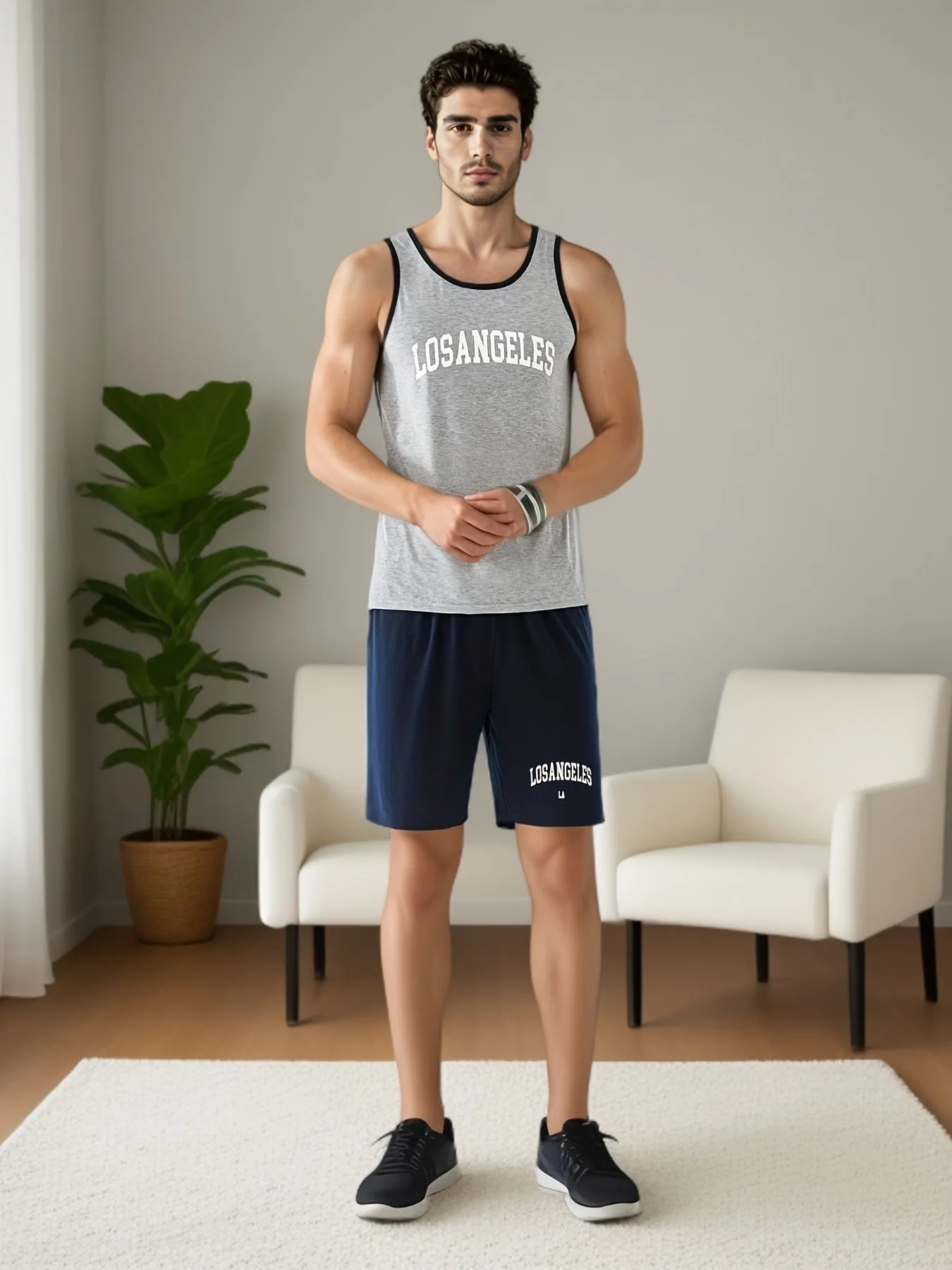 1 Set Men's Cool LA Letter Print Vests & Shorts Pajama Set, Comfortable & Skin-friendly Style Pajamas For Men's Cozy Loungewear