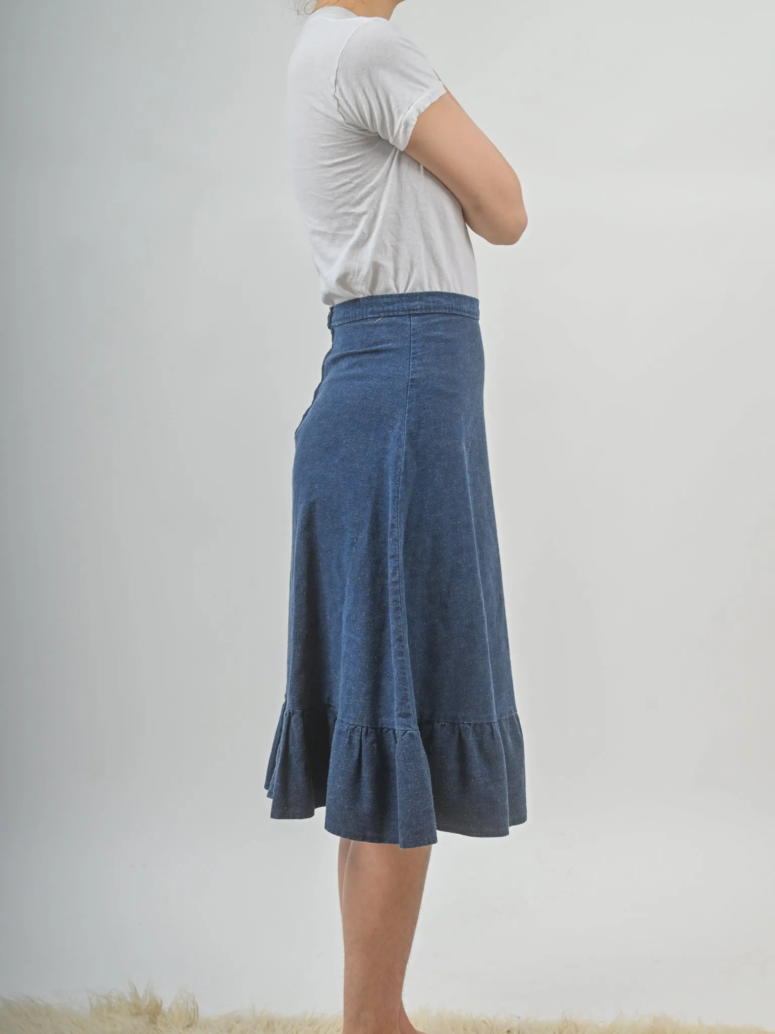 1970s Darkwash Denim Tiered Ruffle Midi Skirt