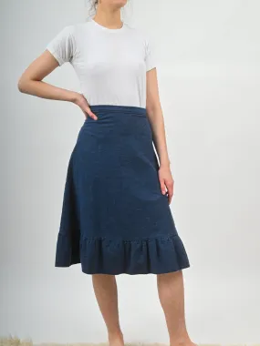 1970s Darkwash Denim Tiered Ruffle Midi Skirt