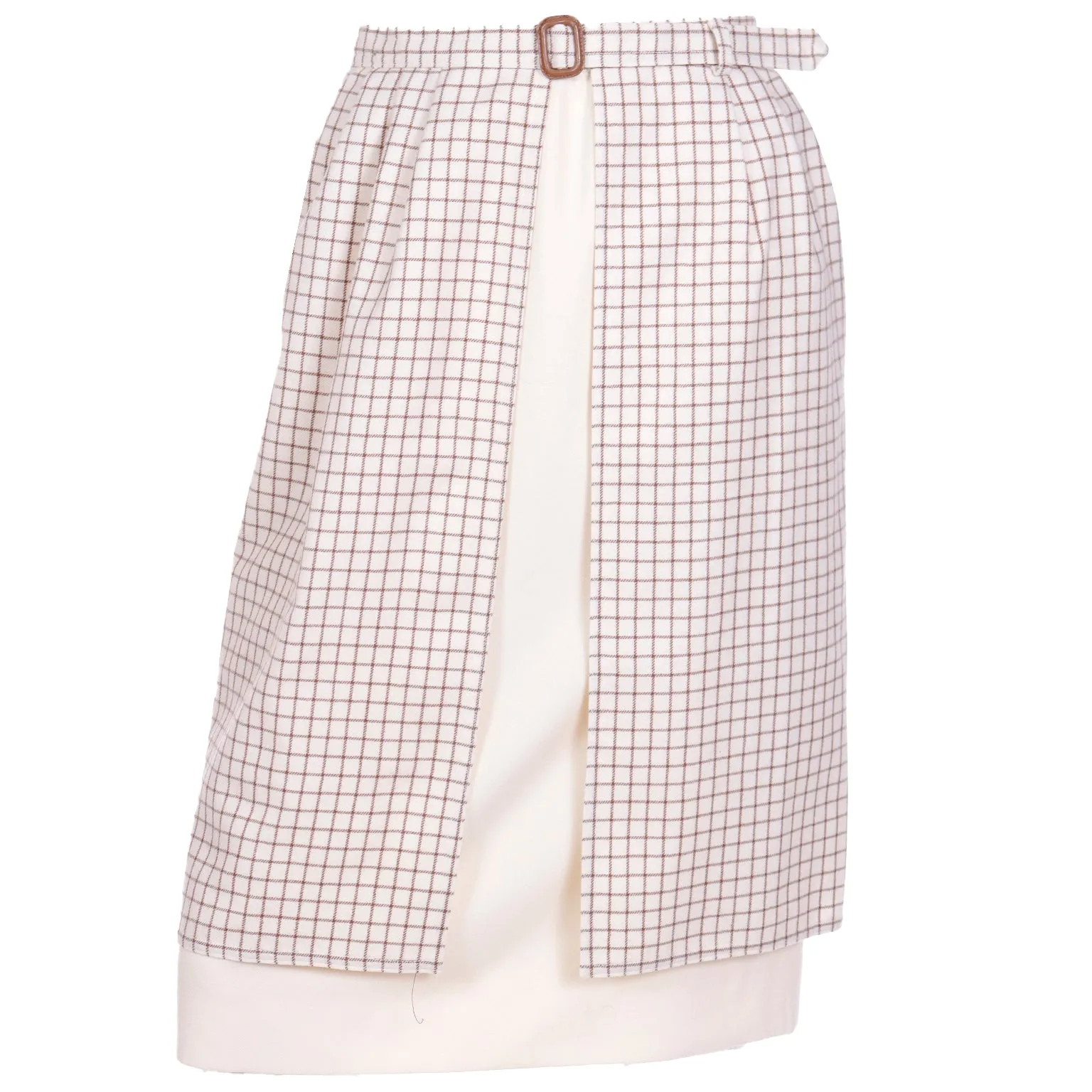 1980s Valentino Layered Windowpane Check and Solid Cream Wool Skirt