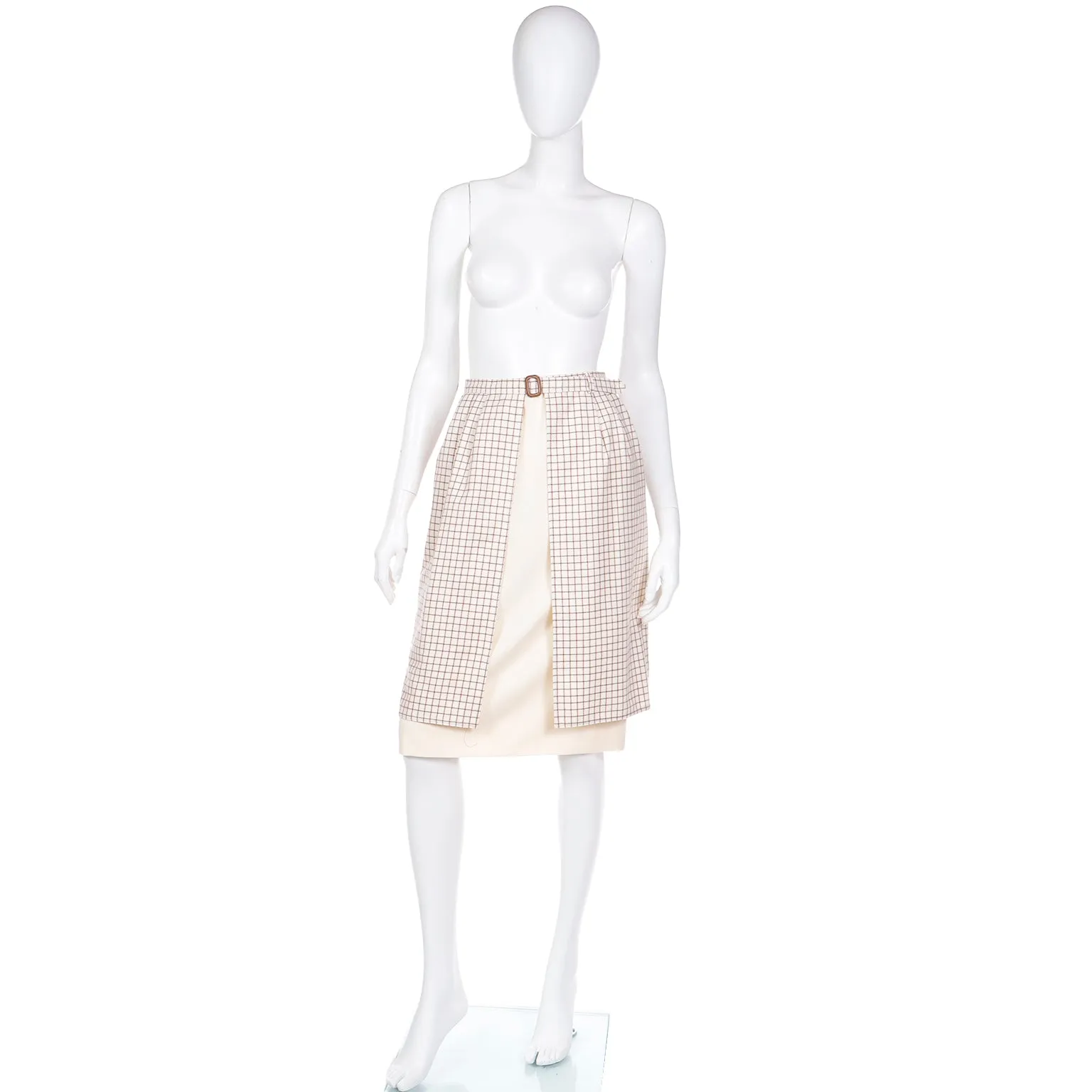 1980s Valentino Layered Windowpane Check and Solid Cream Wool Skirt