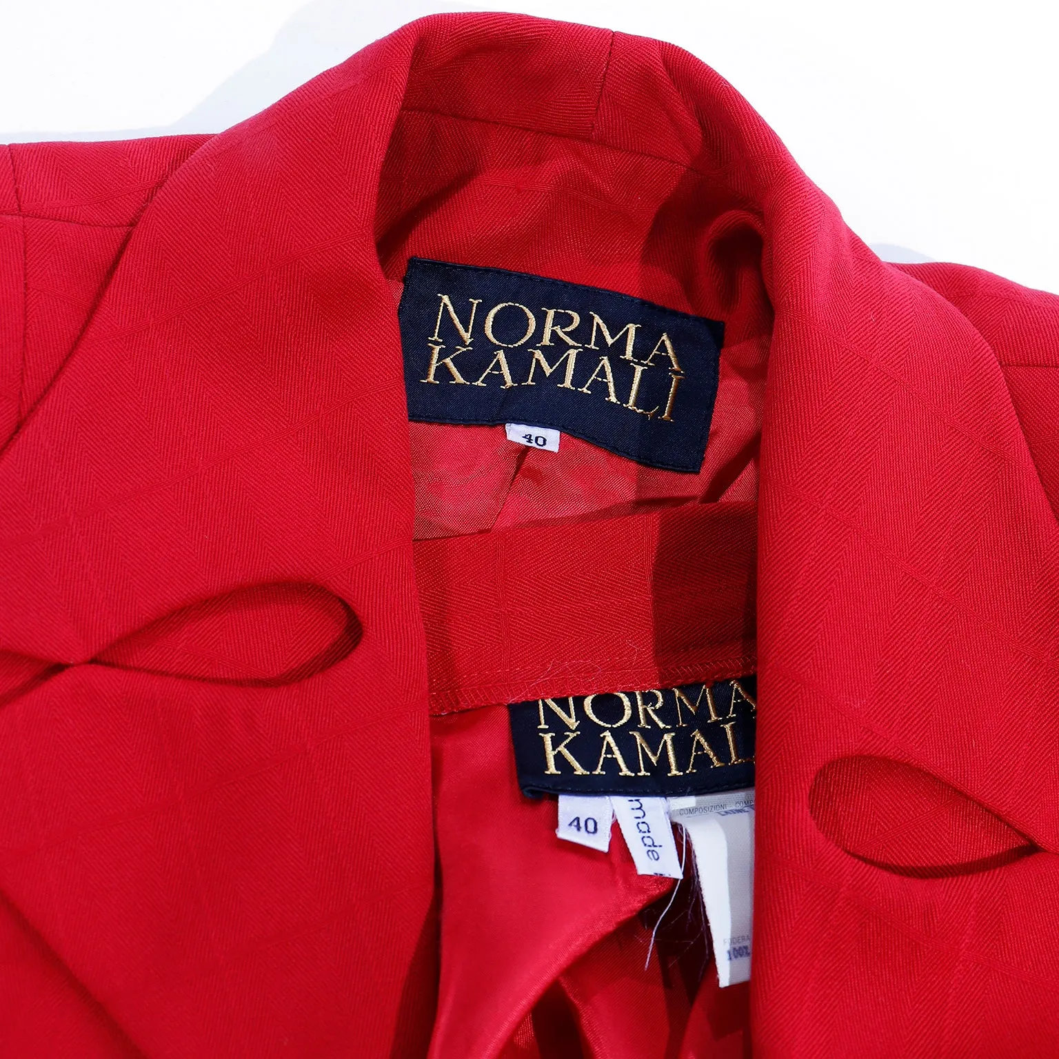 1988 Norma Kamali Windowpane Plaid Red Wool Suit w/ Lapel Cutouts