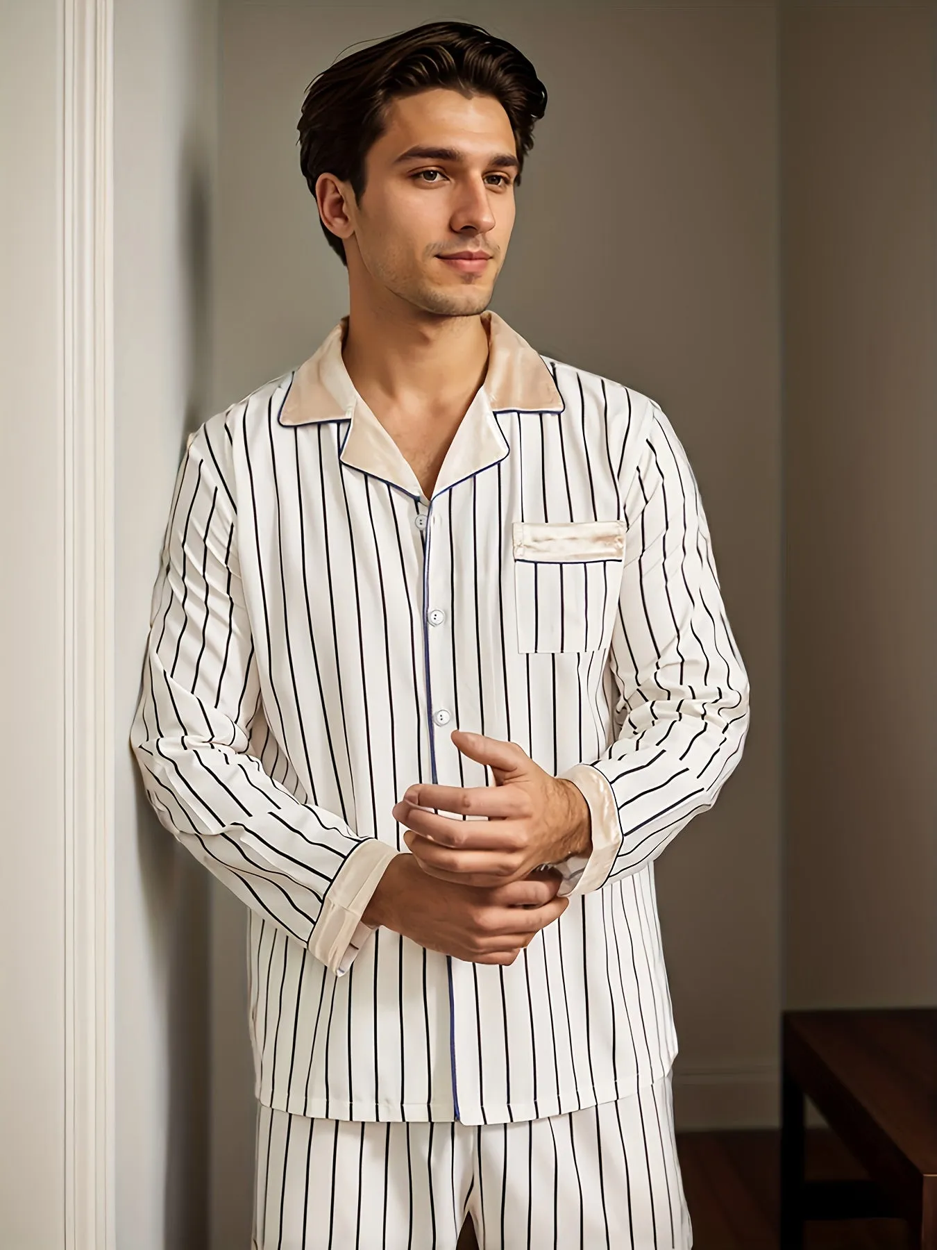 2 Pcs Men's Silky Trendy Stripe Open Front Long Sleeve & Trousers Pajama Sets, Comfortable & Skin-friendly Style Pajamas For Men's Cozy Loungewear