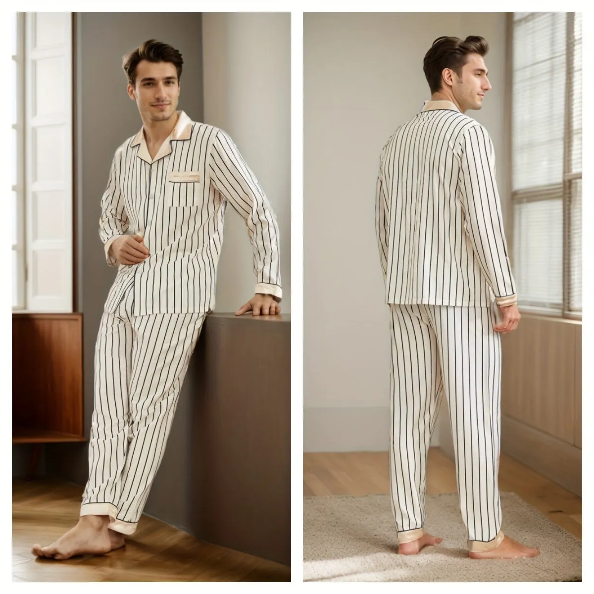 2 Pcs Men's Silky Trendy Stripe Open Front Long Sleeve & Trousers Pajama Sets, Comfortable & Skin-friendly Style Pajamas For Men's Cozy Loungewear