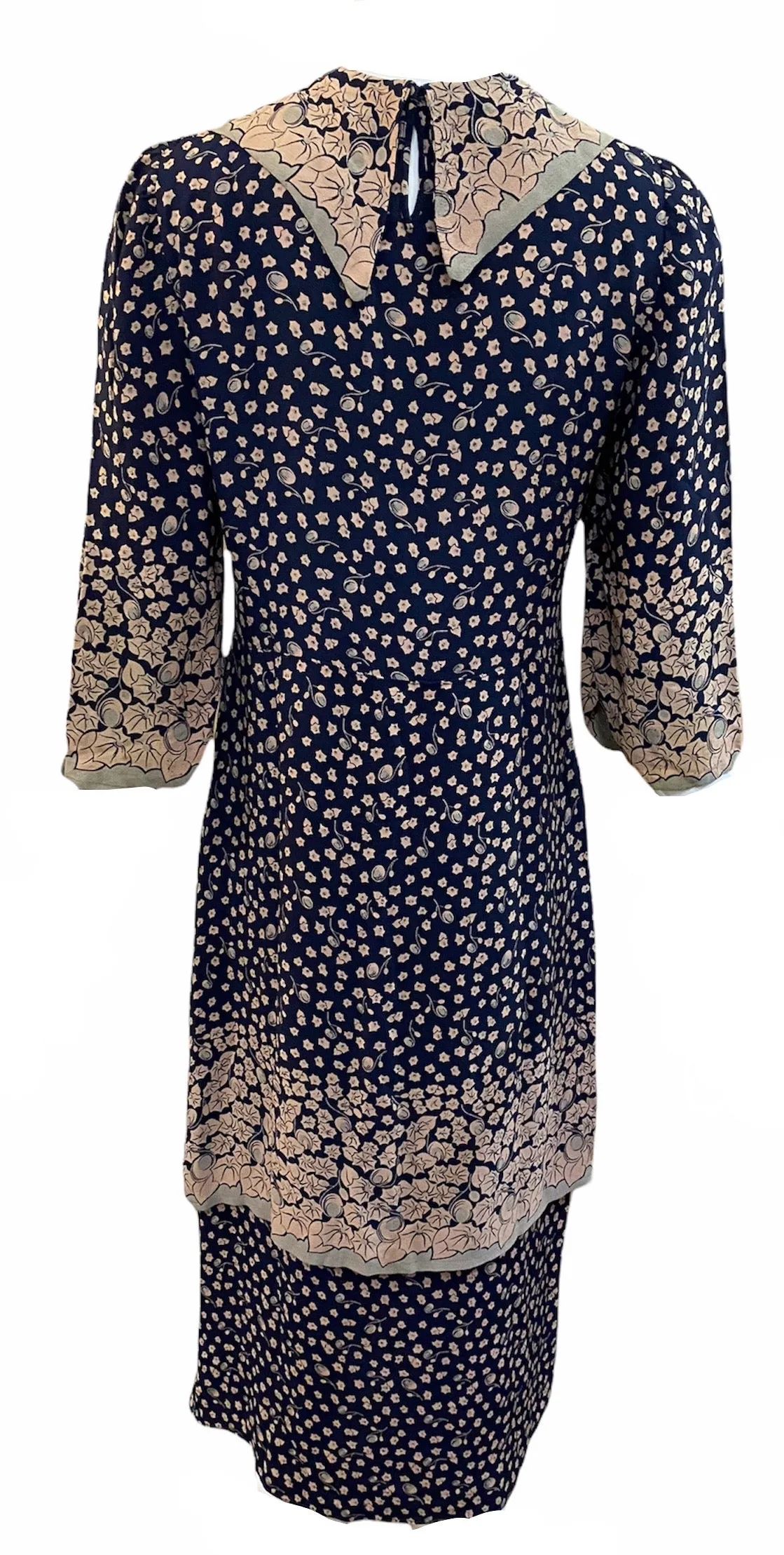 30s Blue  Ditzy Floral Crepe Day  Dress