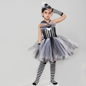 4-piece Halloween cosplay cartoon horror dress up girl princess skirt striped mesh black dress