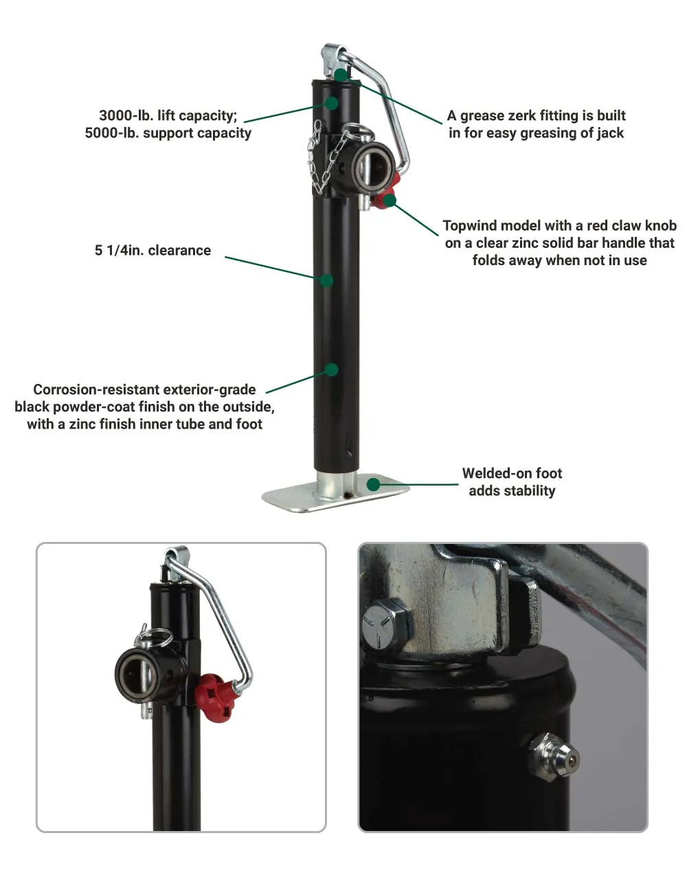 (44072.ULT) Ultra-Tow Topwind Round Tube-Mount Jack | 3000-Lb. Lift Cap