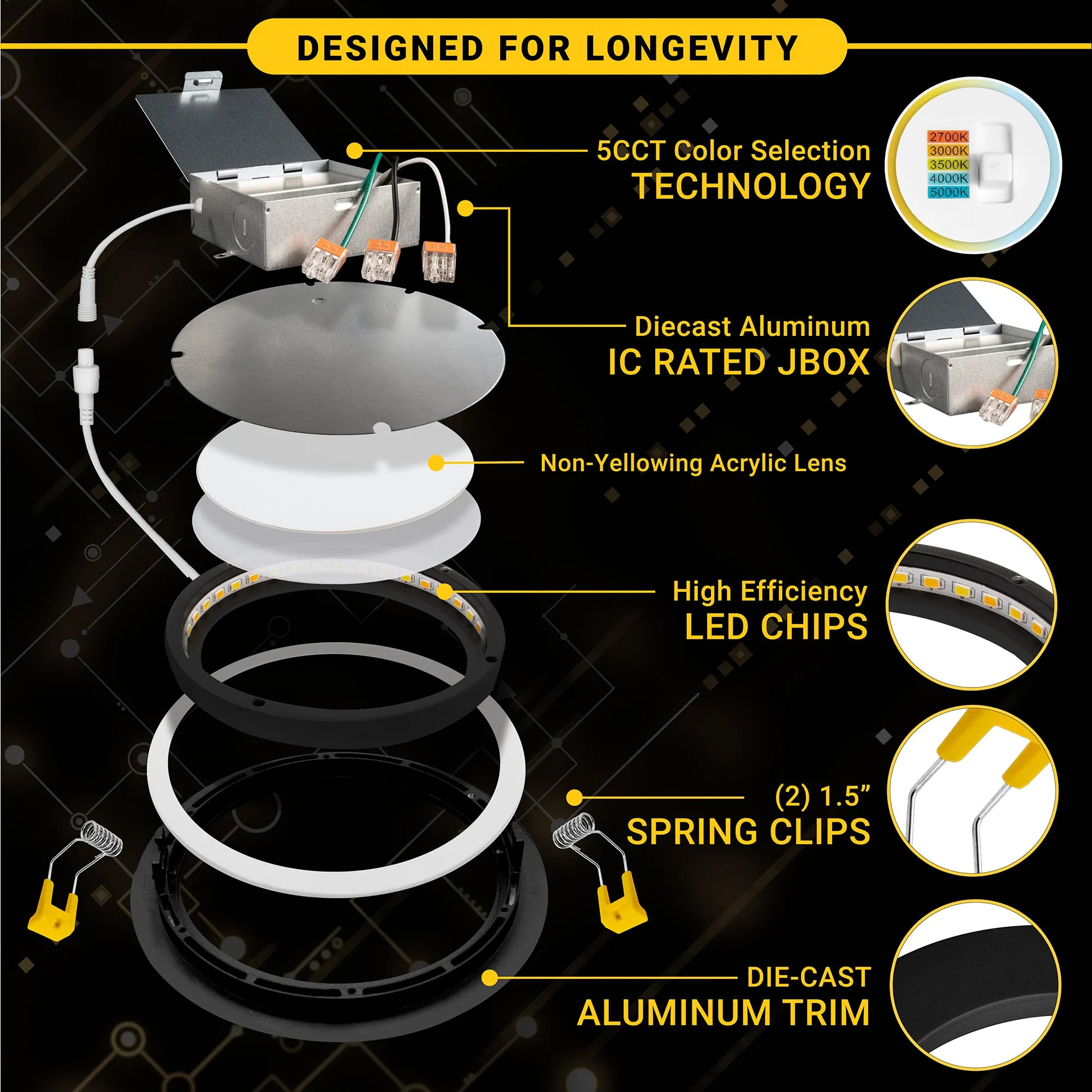 4" Inch Black Gimbal Recessed Light for Sloped Ceiling Canless LED Lighting - Damp Rated - 5CCT 2700K-5000K - 630LM