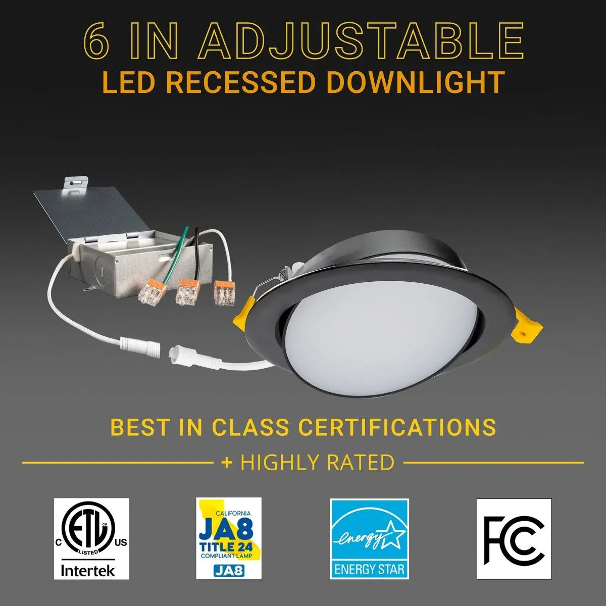 6" Inch Black Gimbal Recessed Light for Sloped Ceiling Canless LED Lighting - Damp Rated - 5CCT 2700K-5000K - 1050LM