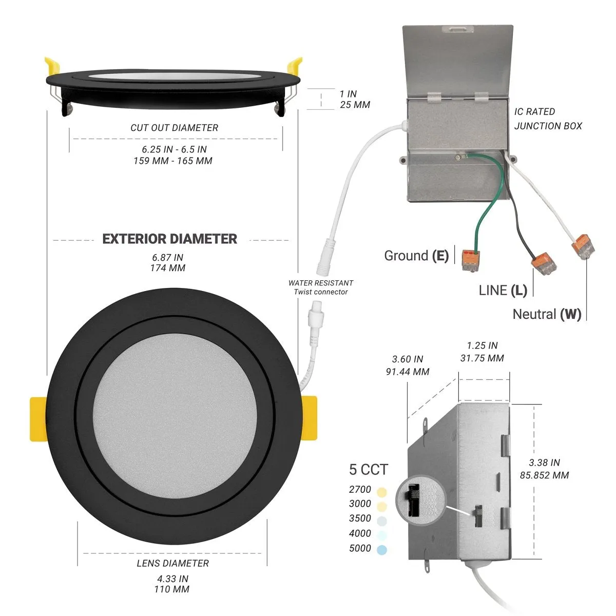 6" Inch Black Gimbal Recessed Light for Sloped Ceiling Canless LED Lighting - Damp Rated - 5CCT 2700K-5000K - 1050LM