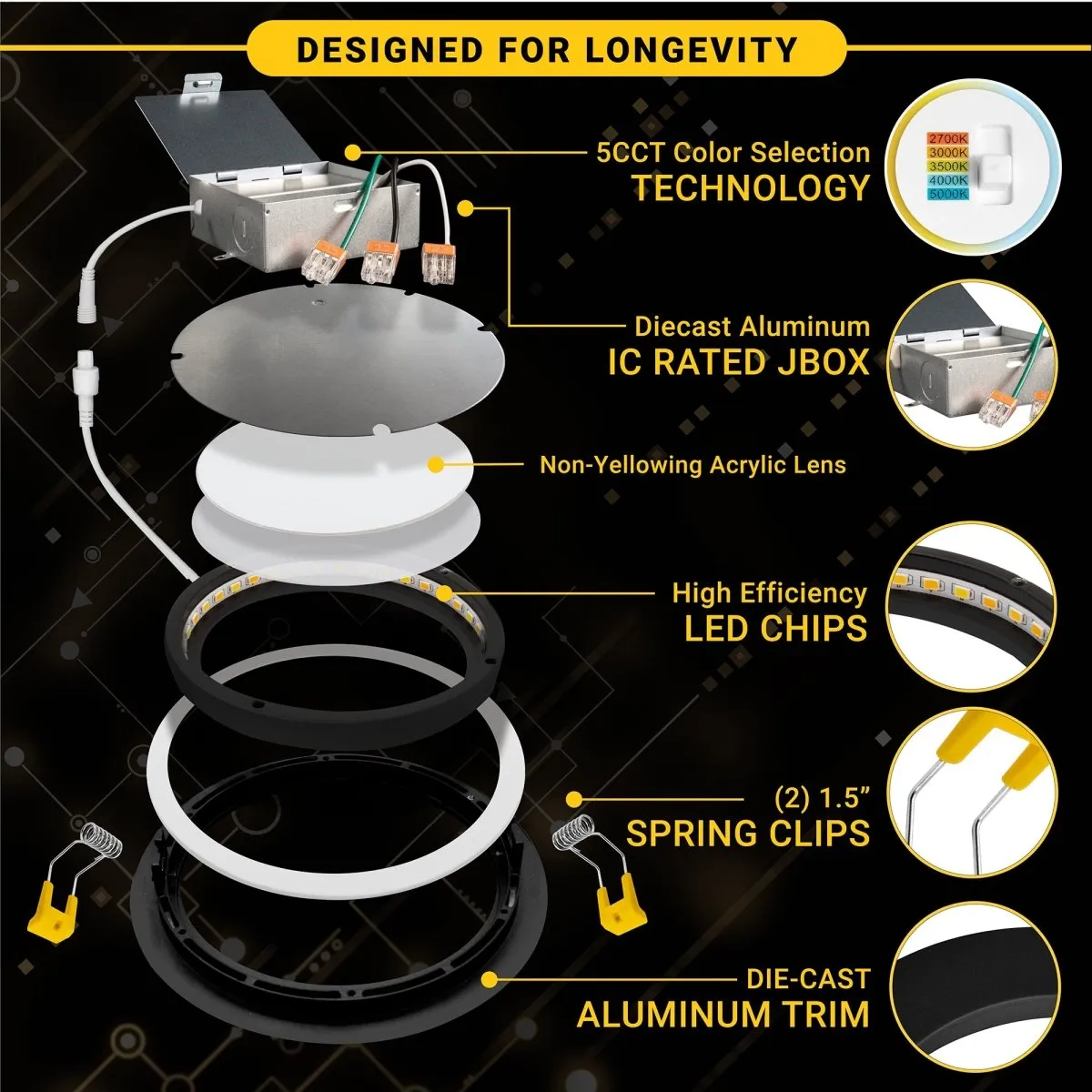 6" Inch Black Gimbal Recessed Light for Sloped Ceiling Canless LED Lighting - Damp Rated - 5CCT 2700K-5000K - 1050LM