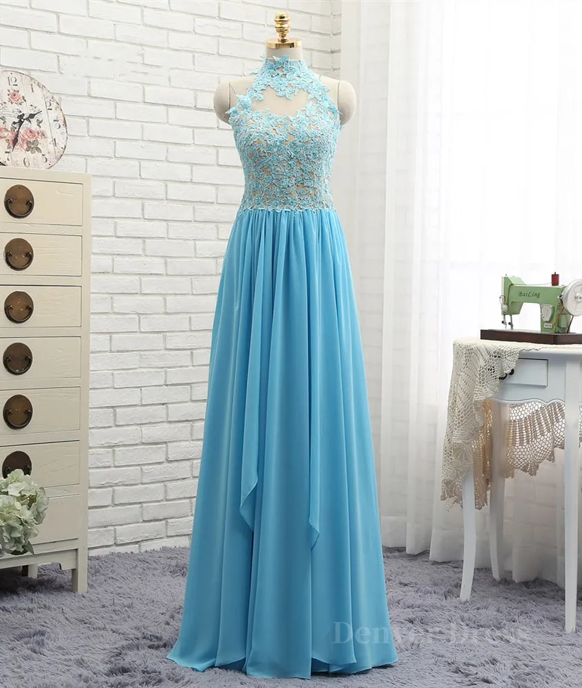 A Line High Neck Open Back Lace Chiffon Ruffles Blue Long Prom Dresses Blue Lace Formal Dresses Blue Lace Graduation Dresses