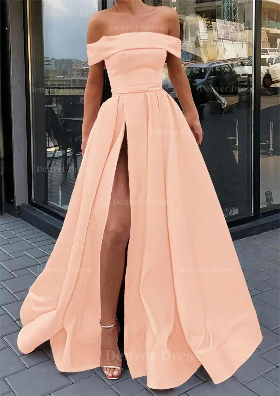 A-line Off-the-Shoulder Sleeveless Long/Floor-Length Satin Prom Dress With Split