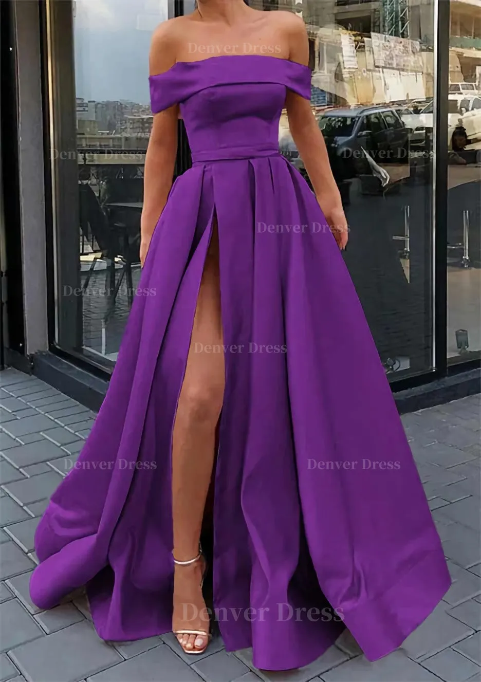 A-line Off-the-Shoulder Sleeveless Long/Floor-Length Satin Prom Dress With Split