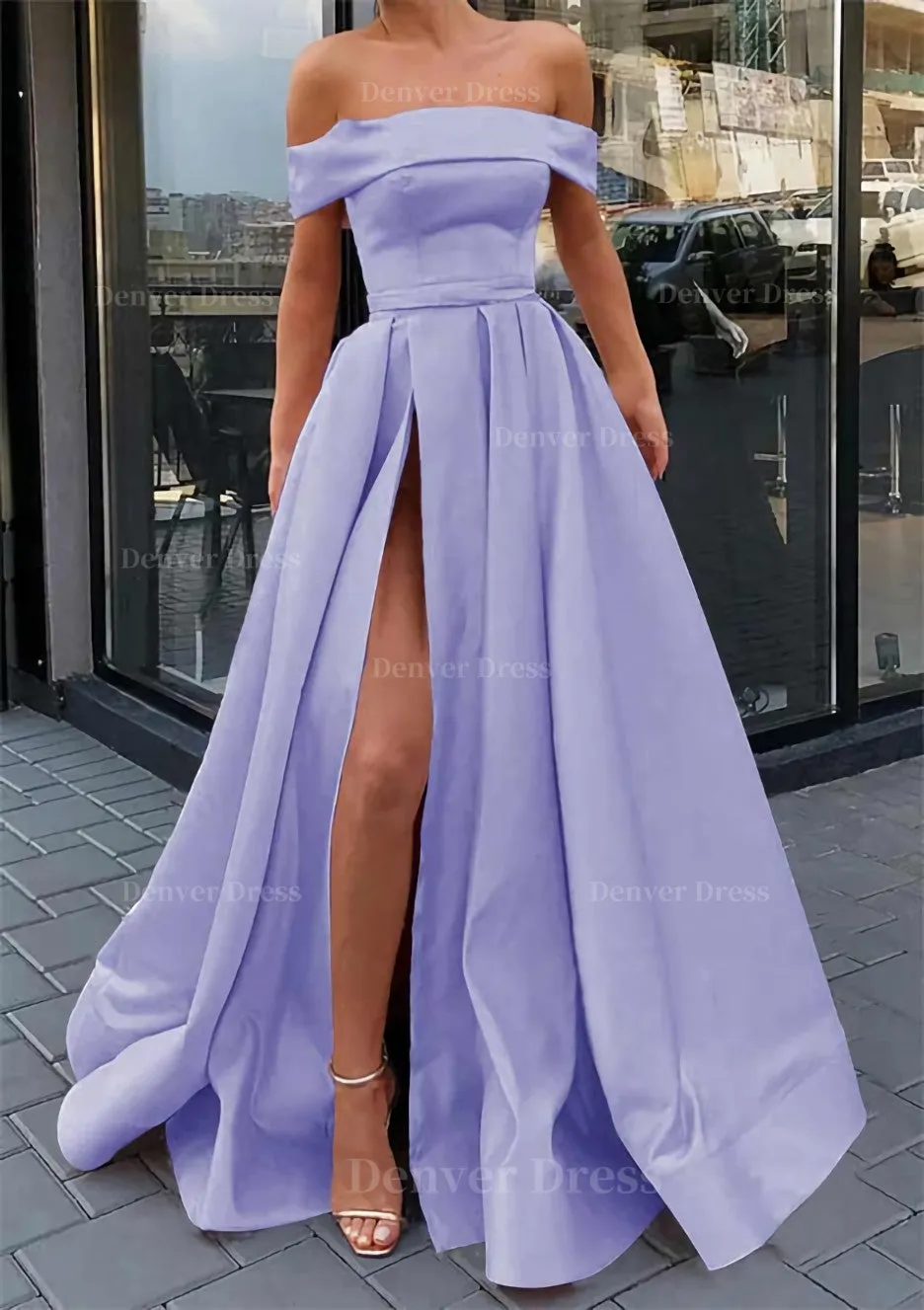 A-line Off-the-Shoulder Sleeveless Long/Floor-Length Satin Prom Dress With Split