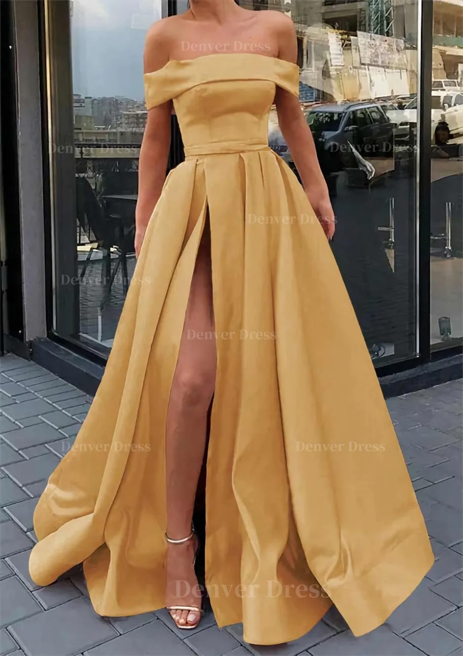 A-line Off-the-Shoulder Sleeveless Long/Floor-Length Satin Prom Dress With Split