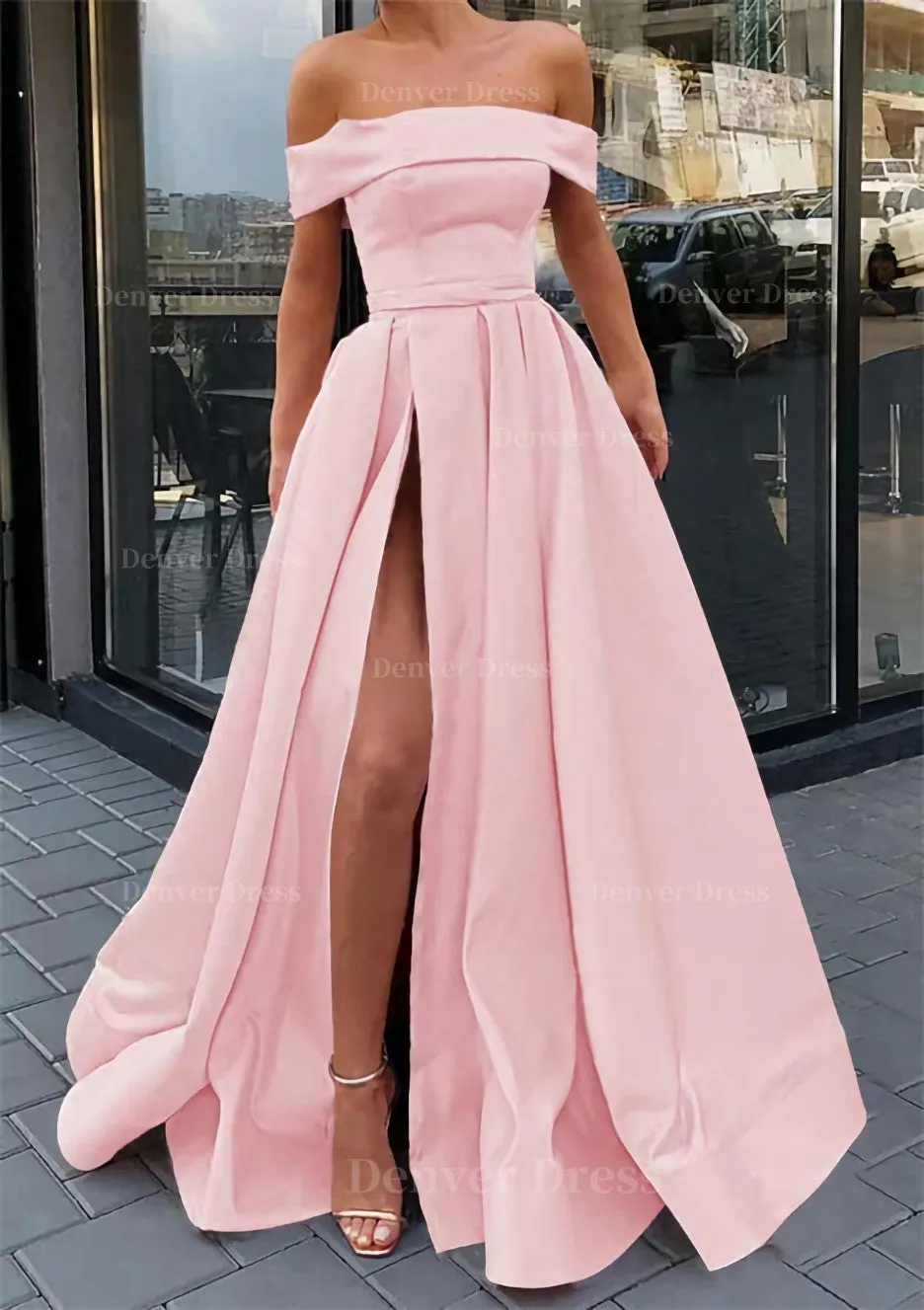 A-line Off-the-Shoulder Sleeveless Long/Floor-Length Satin Prom Dress With Split