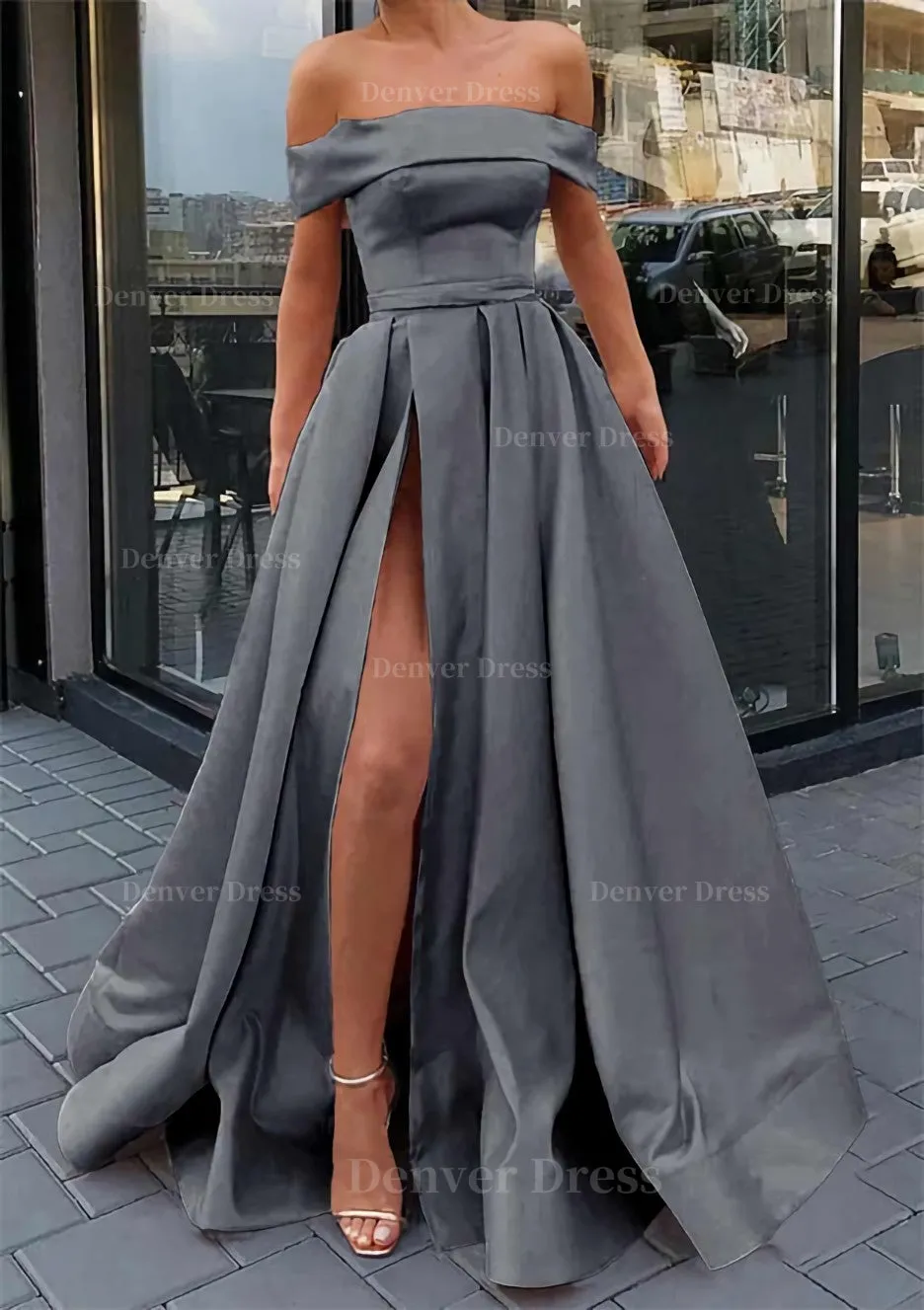 A-line Off-the-Shoulder Sleeveless Long/Floor-Length Satin Prom Dress With Split