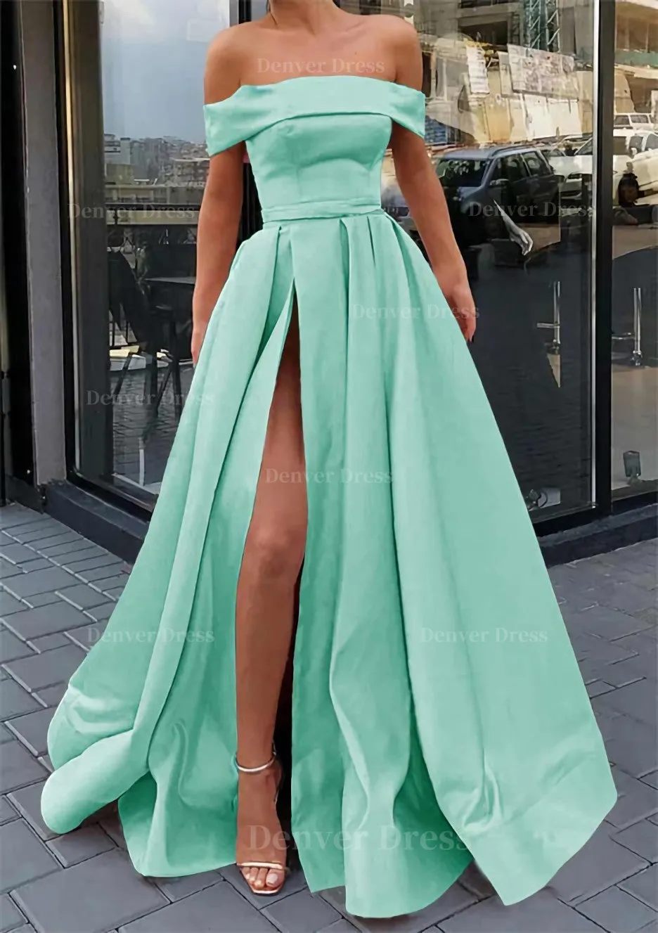 A-line Off-the-Shoulder Sleeveless Long/Floor-Length Satin Prom Dress With Split