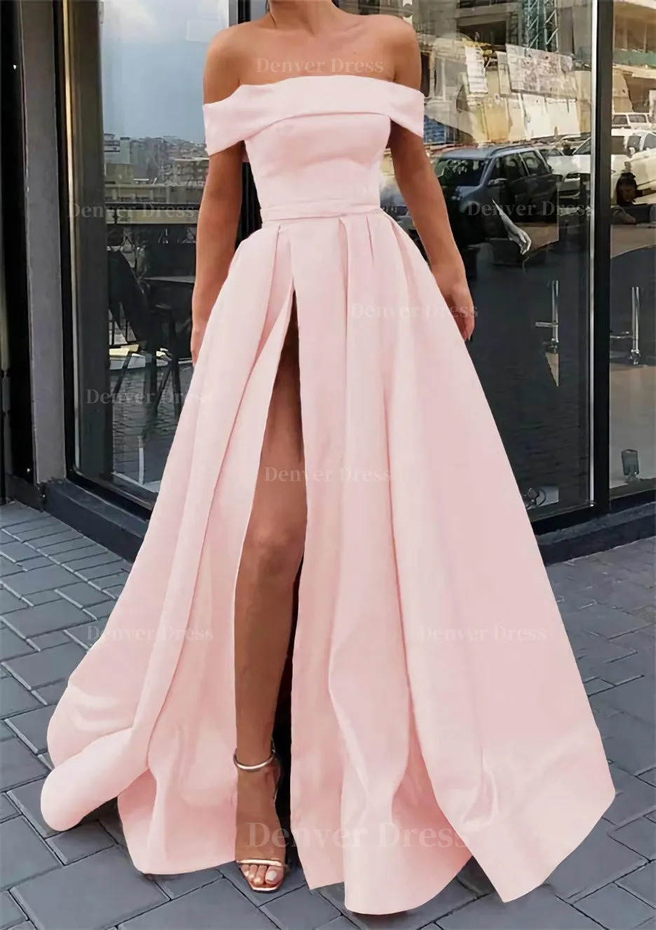 A-line Off-the-Shoulder Sleeveless Long/Floor-Length Satin Prom Dress With Split