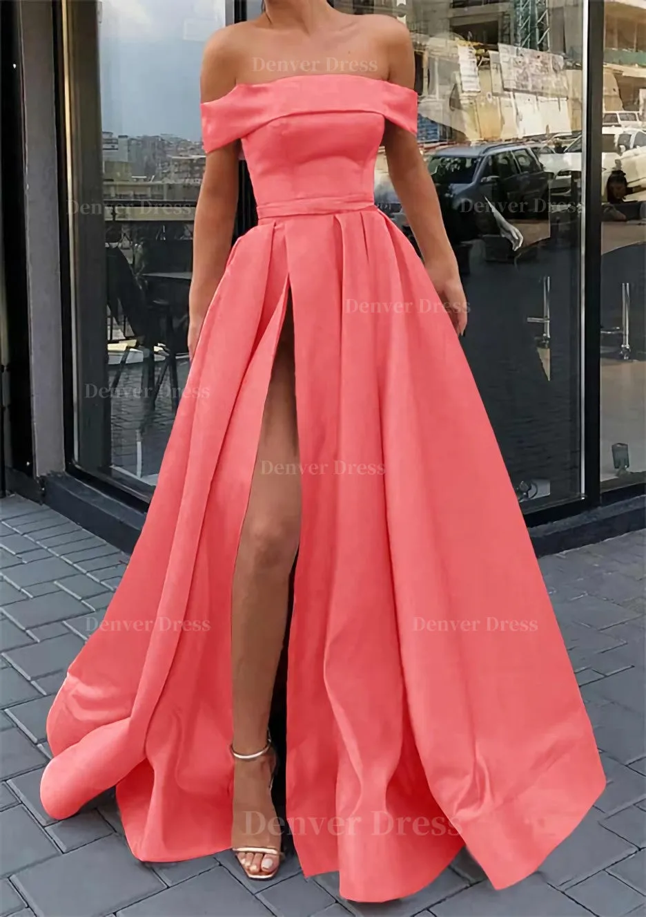 A-line Off-the-Shoulder Sleeveless Long/Floor-Length Satin Prom Dress With Split