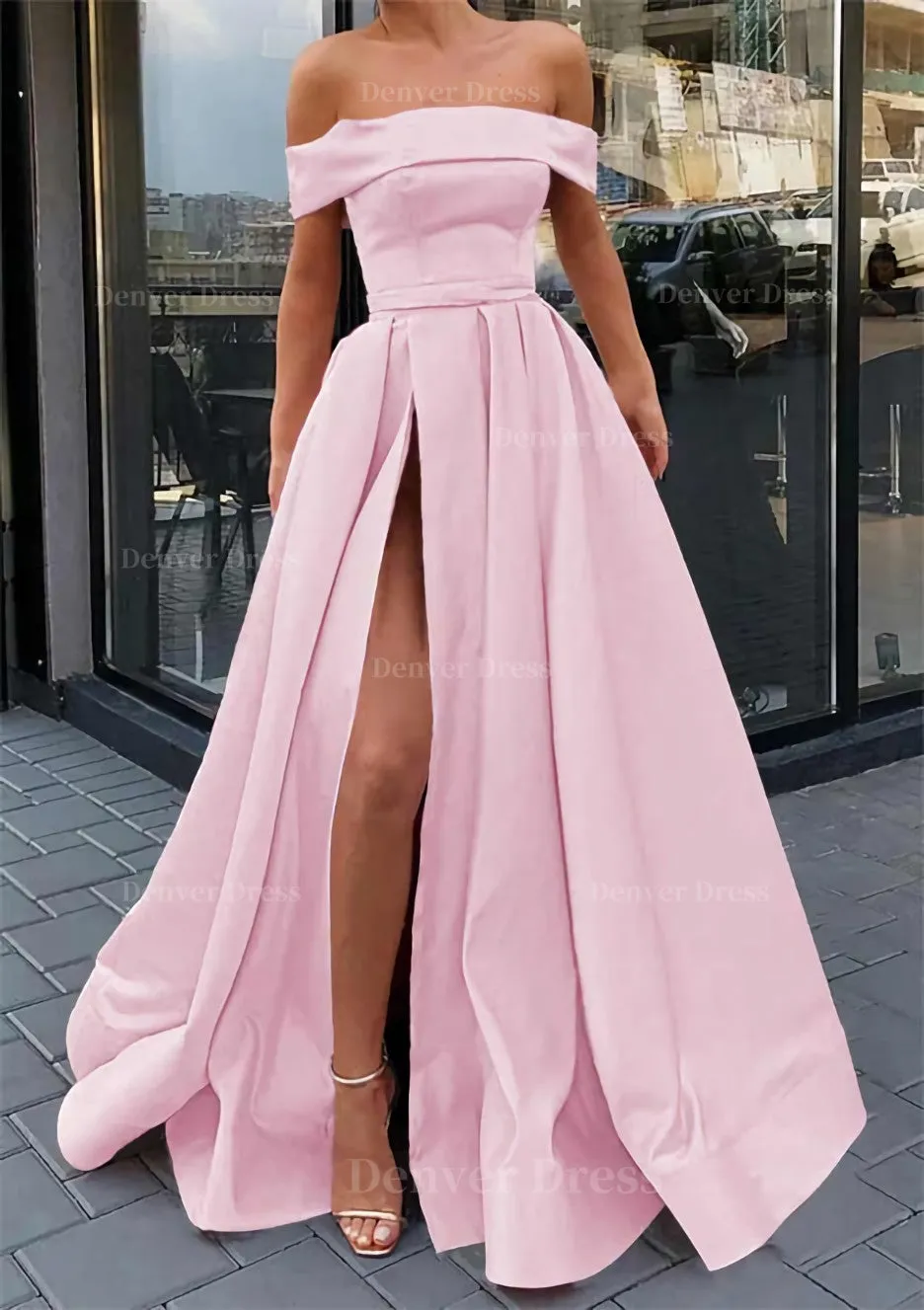 A-line Off-the-Shoulder Sleeveless Long/Floor-Length Satin Prom Dress With Split