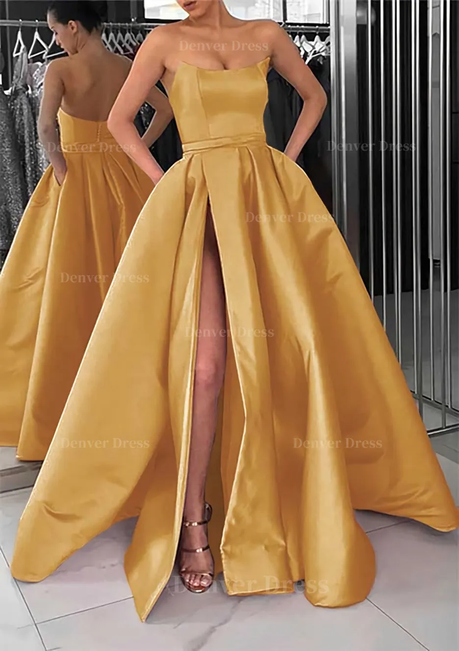 A-line Square Neckline Long/Floor-Length Satin Prom Dress With Pockets Split