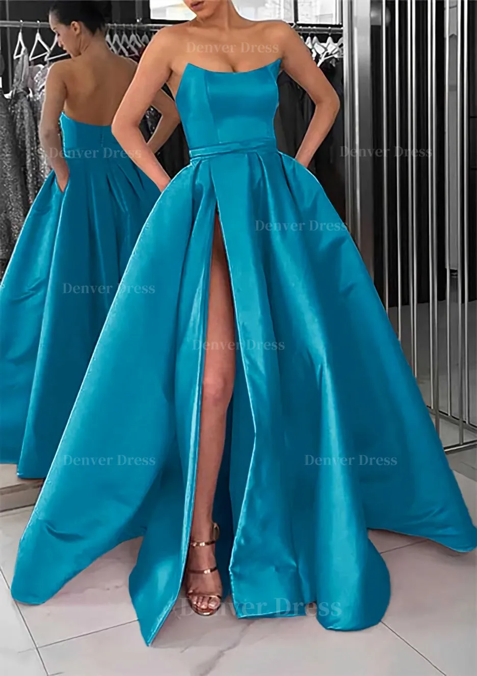 A-line Square Neckline Long/Floor-Length Satin Prom Dress With Pockets Split