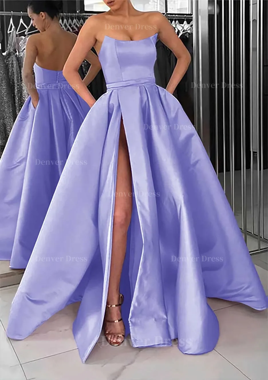 A-line Square Neckline Long/Floor-Length Satin Prom Dress With Pockets Split