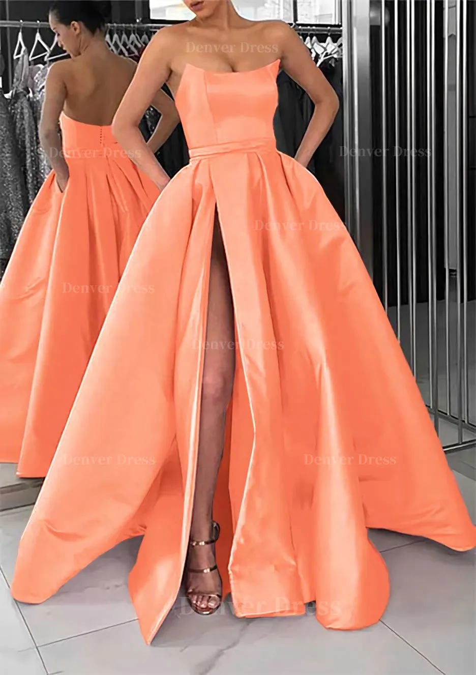 A-line Square Neckline Long/Floor-Length Satin Prom Dress With Pockets Split