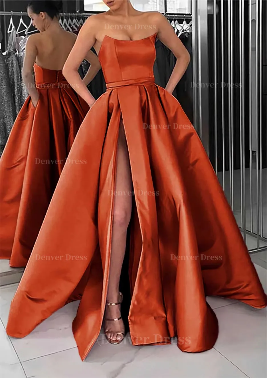 A-line Square Neckline Long/Floor-Length Satin Prom Dress With Pockets Split