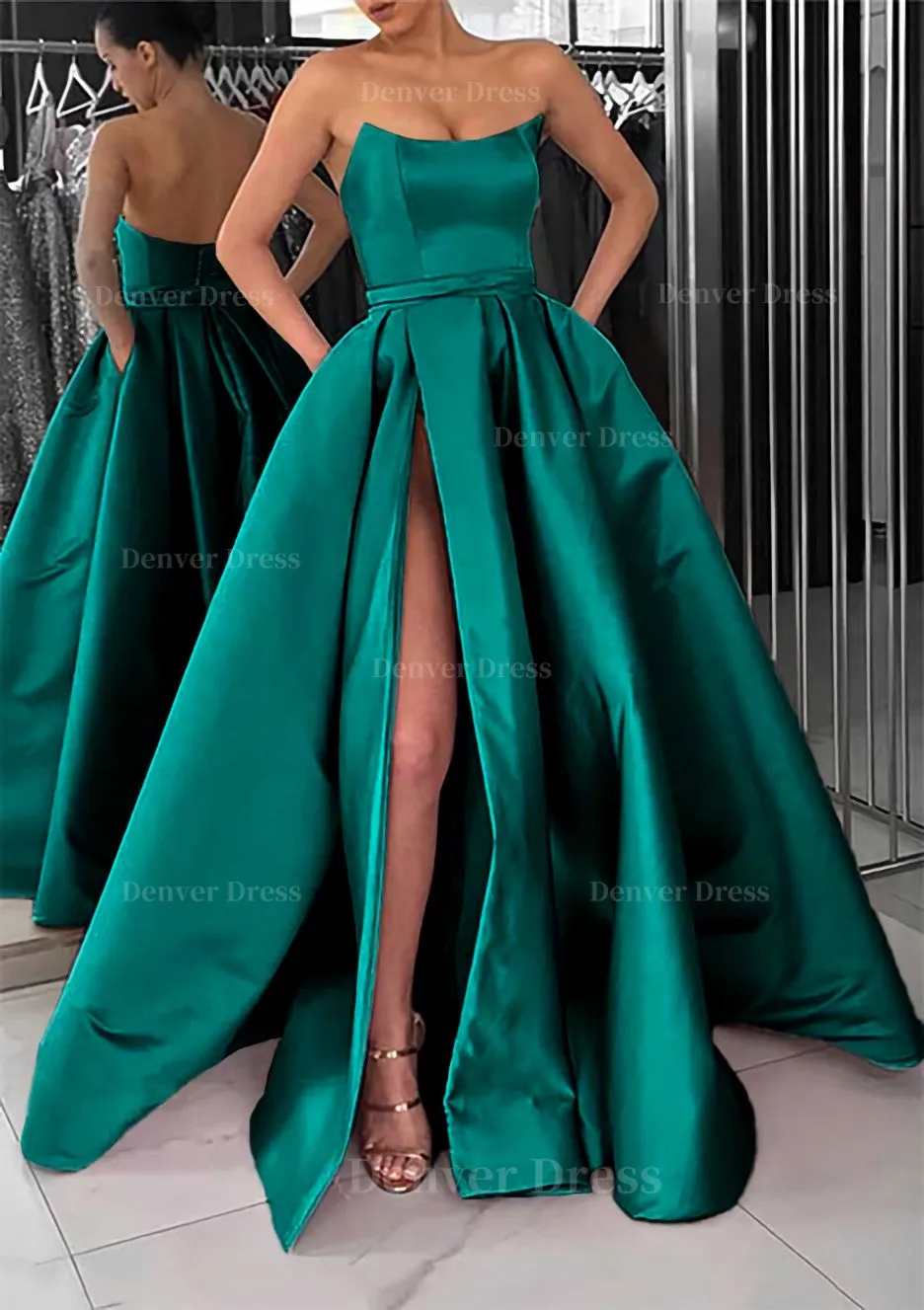 A-line Square Neckline Long/Floor-Length Satin Prom Dress With Pockets Split