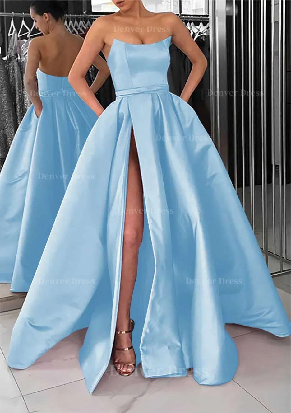 A-line Square Neckline Long/Floor-Length Satin Prom Dress With Pockets Split