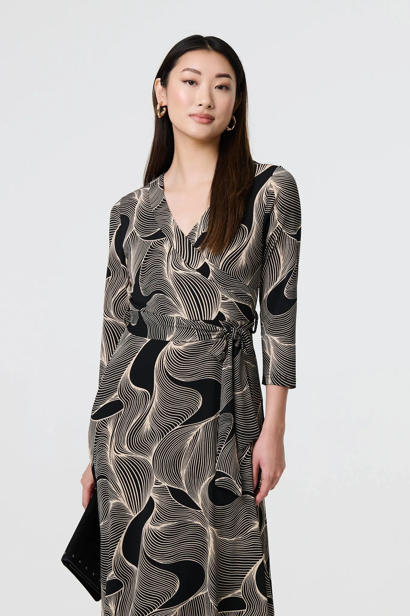 Abstract 3/4 Sleeve Tie Waist Wrap Maxi Dress