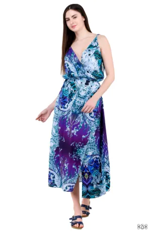 AERO-TERRANIUS Blue Waves Devarshy Cotton Printed Long Wrap Dress - 1114A