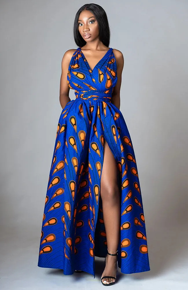 African Print Blue Infinity Multiway Maxi Dress - ELLA