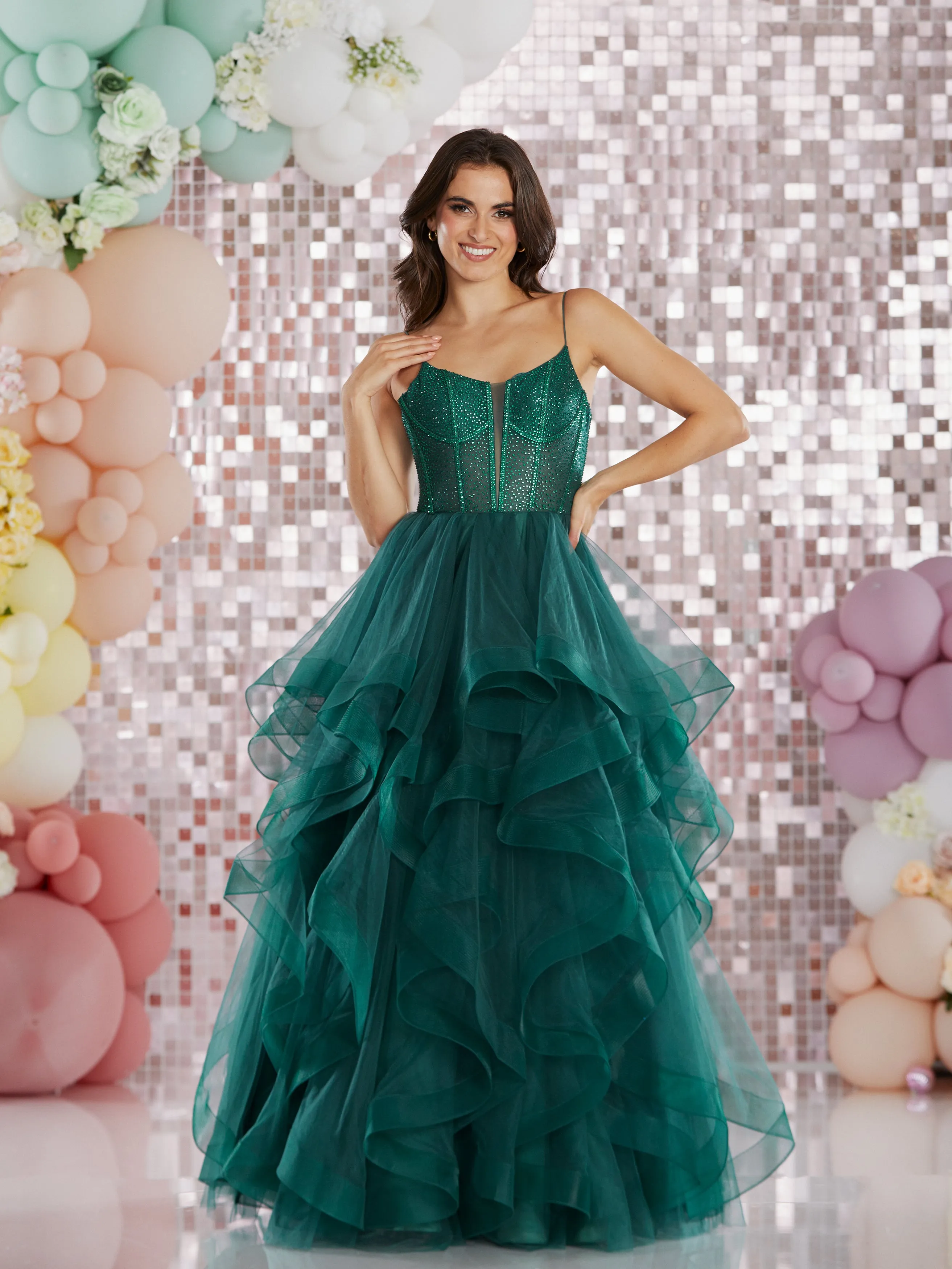 Aksana  by Tiffany’s tulle layered prom dress ballgown 4 colours latte, navy, dark green, baby blue