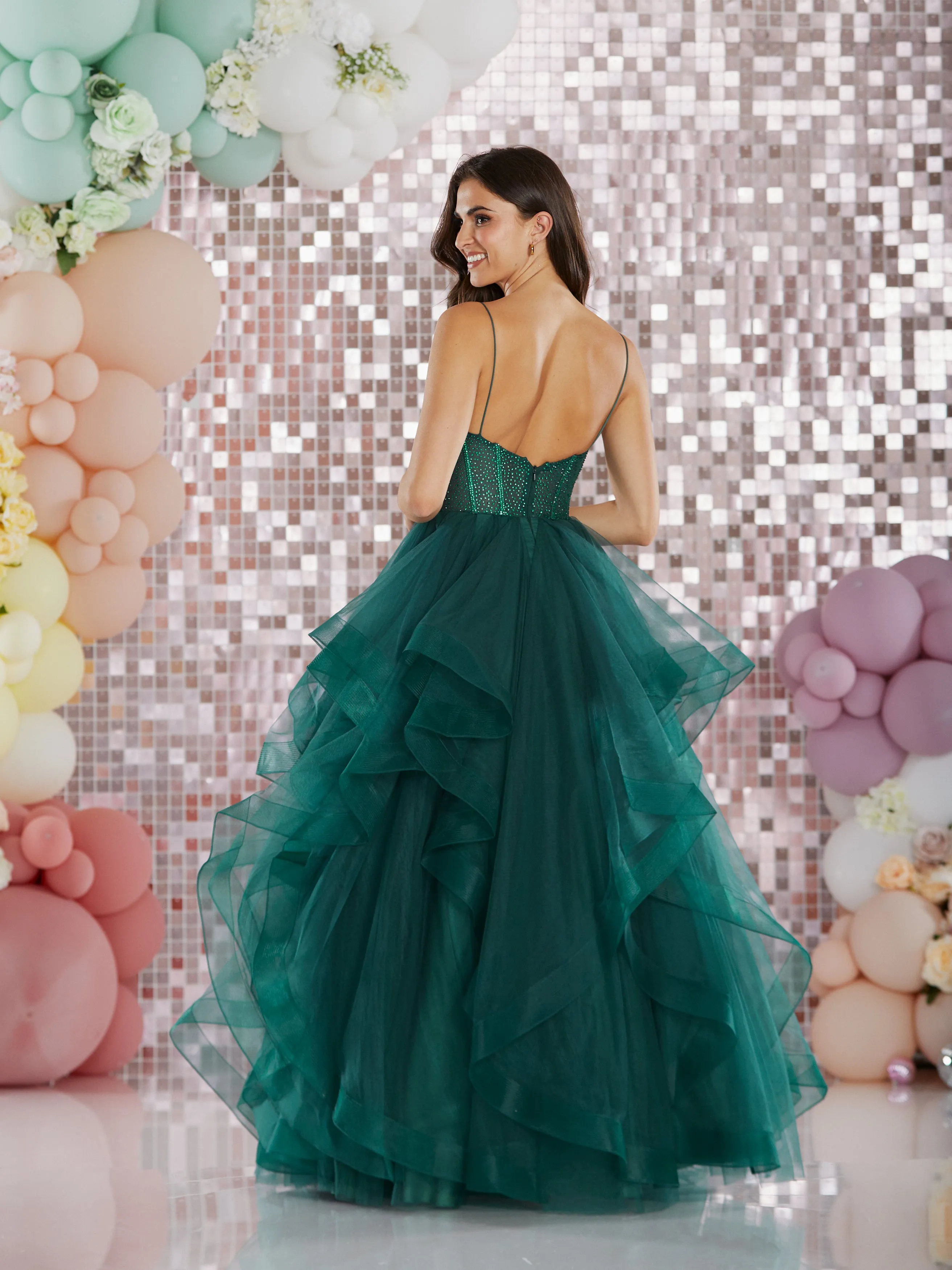 Aksana  by Tiffany’s tulle layered prom dress ballgown 4 colours latte, navy, dark green, baby blue