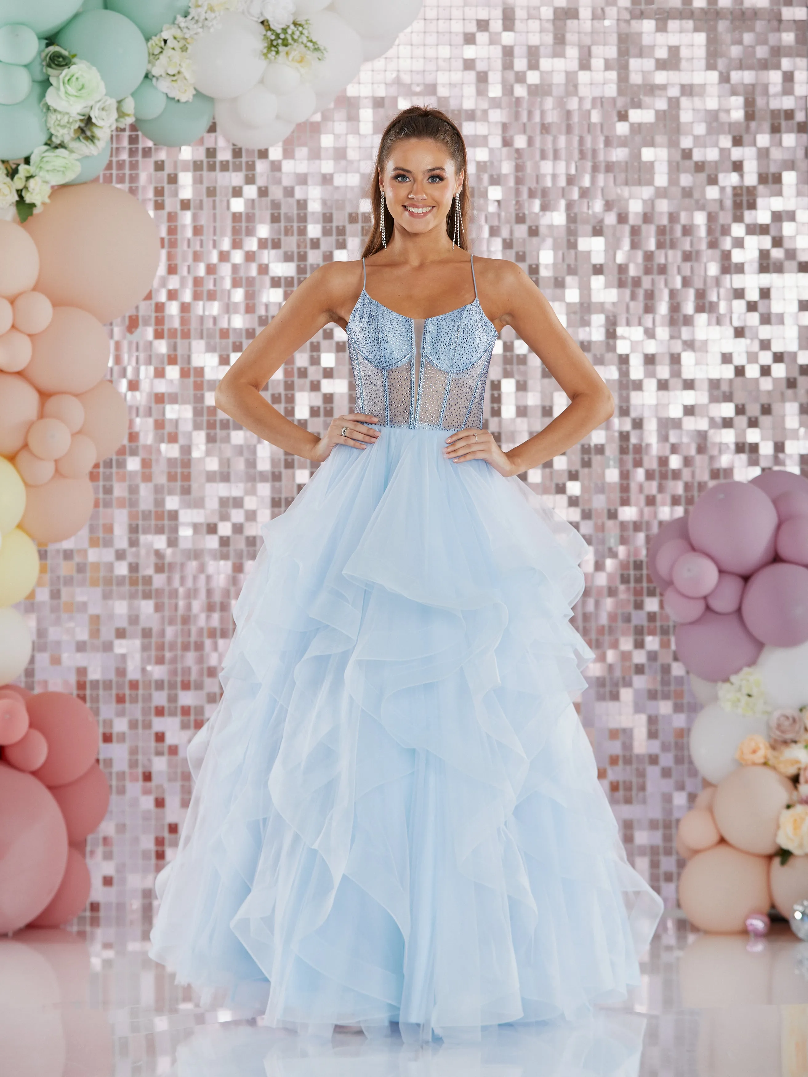 Aksana  by Tiffany’s tulle layered prom dress ballgown 4 colours latte, navy, dark green, baby blue