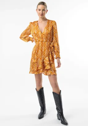 Angeleye Long Sleeve Ruffle Hem Mini Wrap Dress In Orange