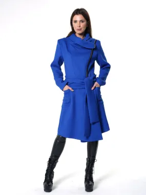 Asymmetric Belted Coat In Royal Blue