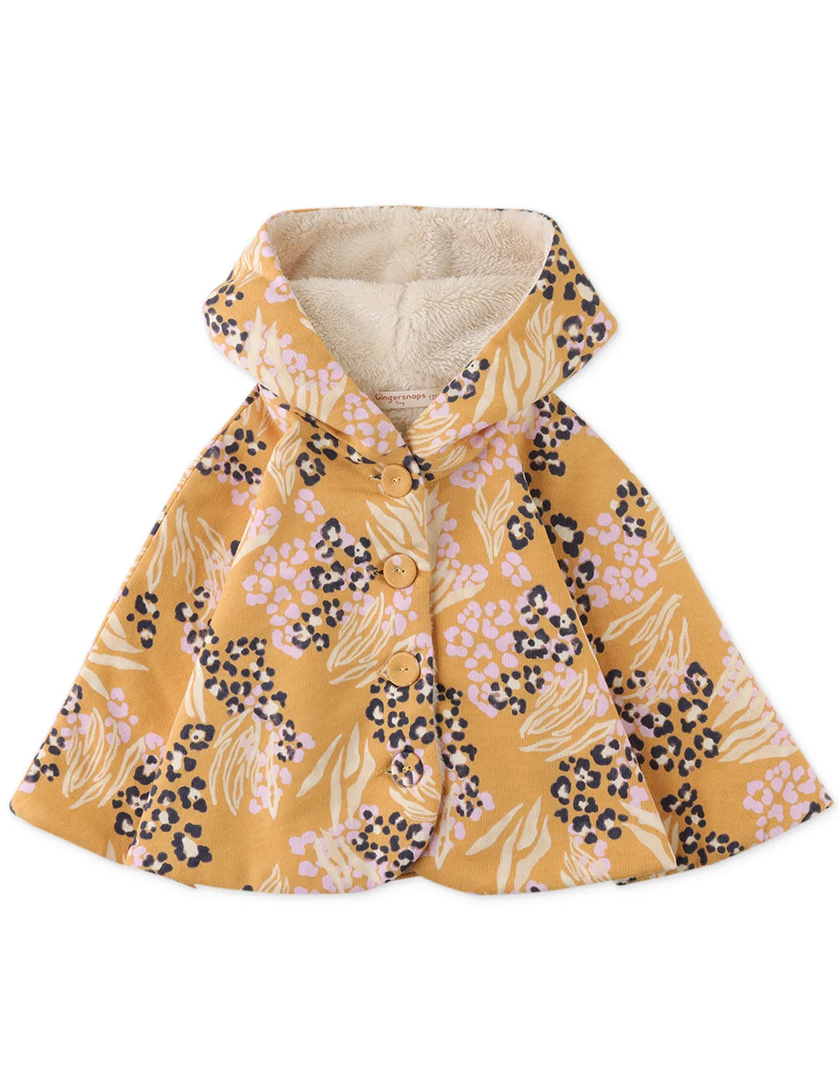 BABY GIRLS ANIMAL SKIN PRINTED HOODED PONCHO WITH FAUX FUR LINING