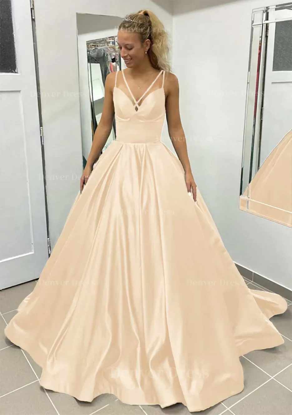 Ball Gown Sleeveless Scalloped Neck Sweep Train Satin Prom Dress With Pleated Pockets