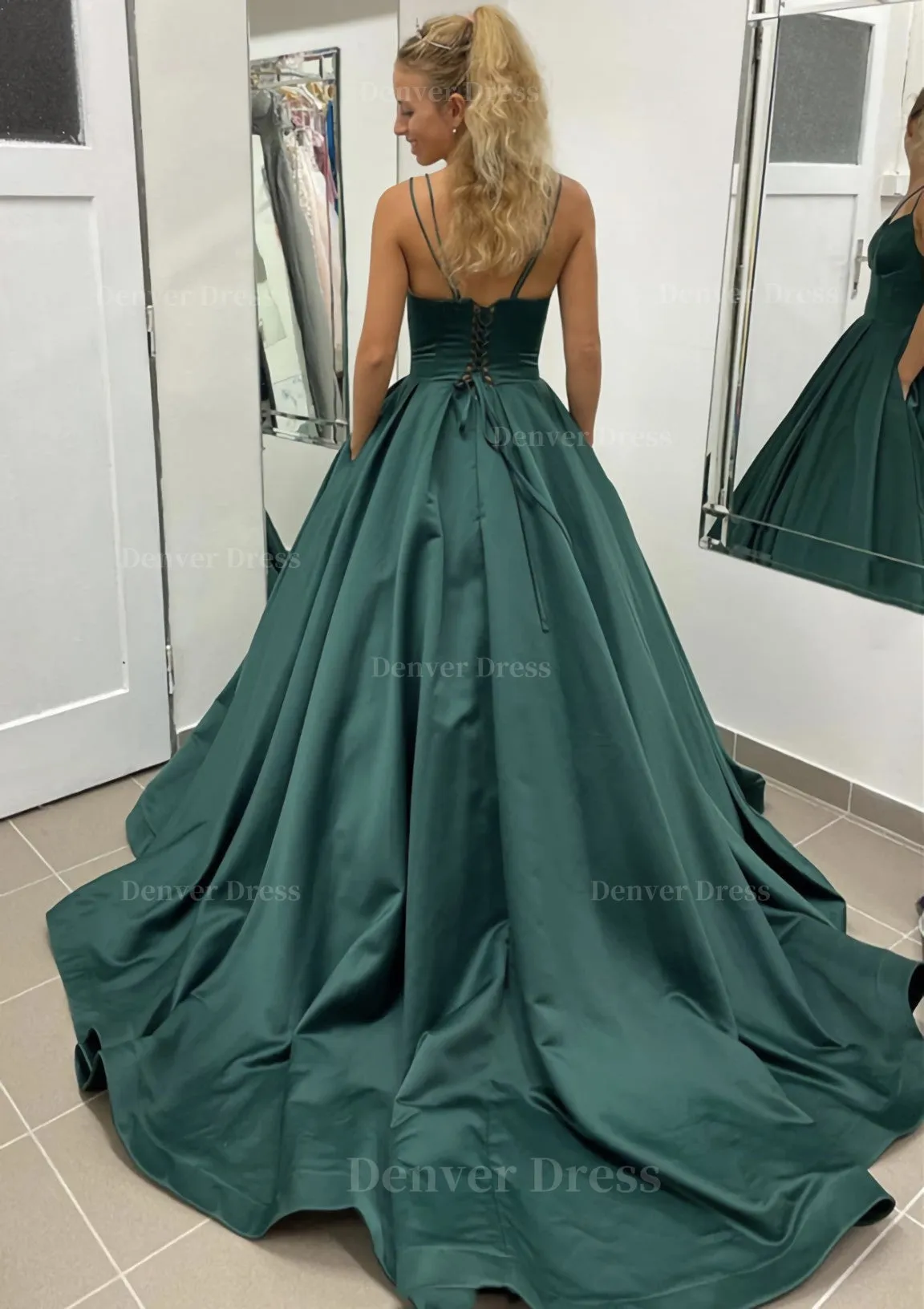 Ball Gown Sleeveless Scalloped Neck Sweep Train Satin Prom Dress With Pleated Pockets