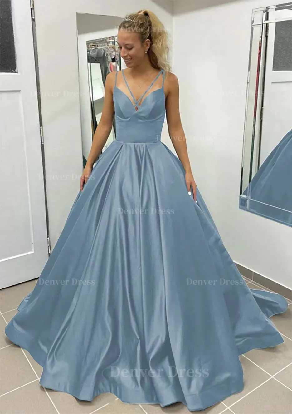 Ball Gown Sleeveless Scalloped Neck Sweep Train Satin Prom Dress With Pleated Pockets