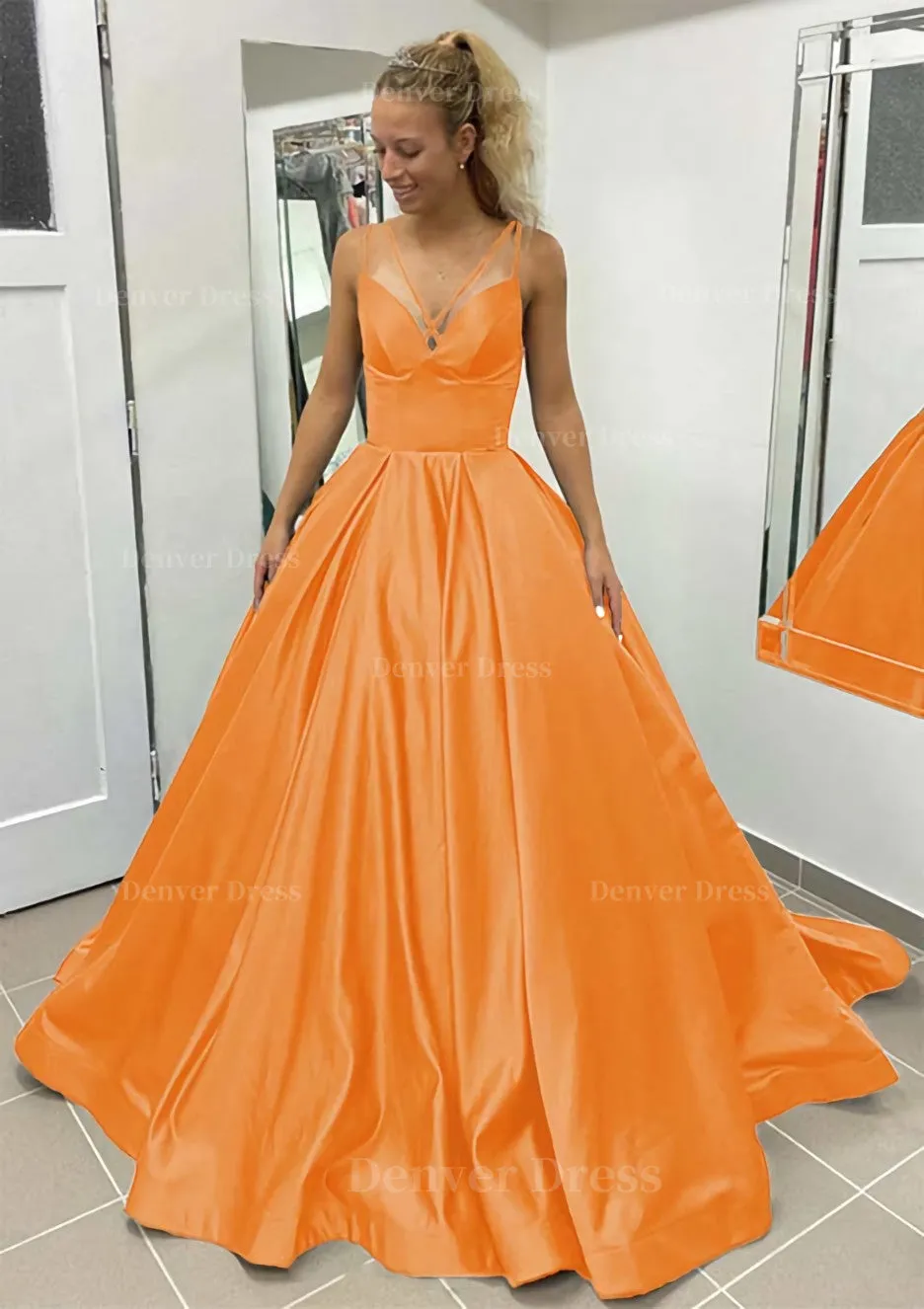 Ball Gown Sleeveless Scalloped Neck Sweep Train Satin Prom Dress With Pleated Pockets