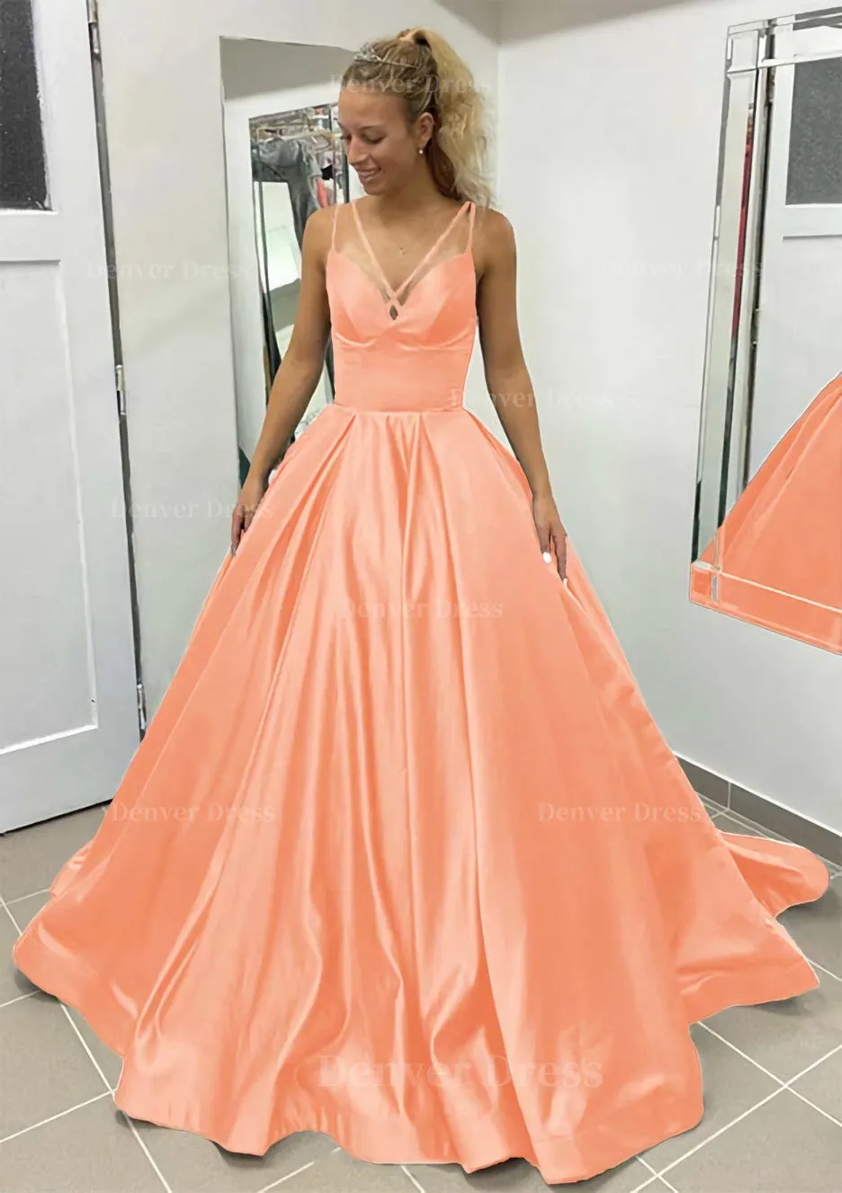 Ball Gown Sleeveless Scalloped Neck Sweep Train Satin Prom Dress With Pleated Pockets