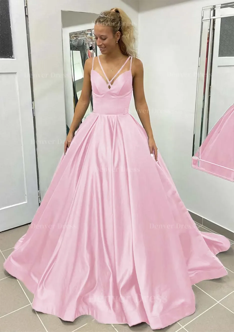 Ball Gown Sleeveless Scalloped Neck Sweep Train Satin Prom Dress With Pleated Pockets