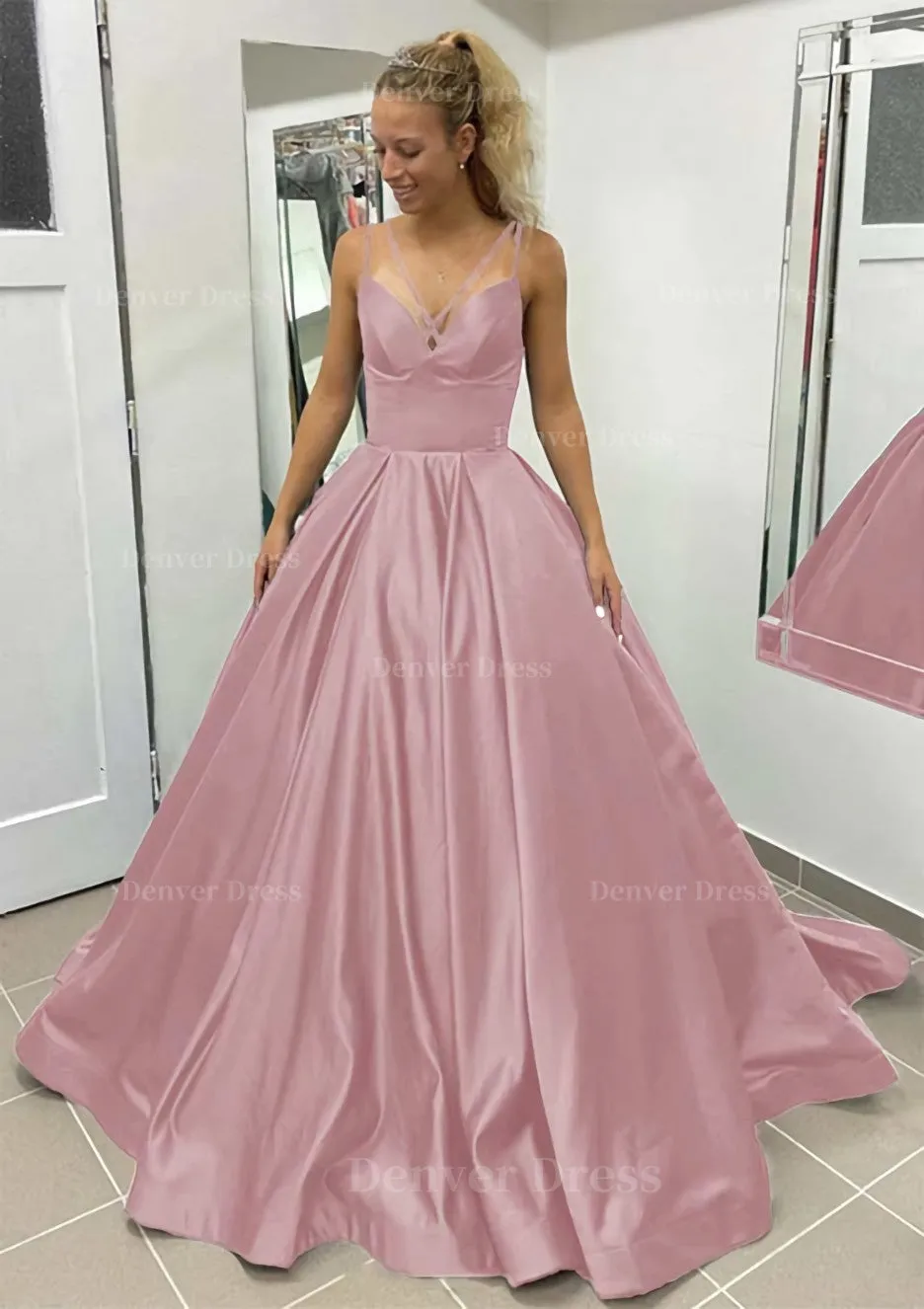 Ball Gown Sleeveless Scalloped Neck Sweep Train Satin Prom Dress With Pleated Pockets