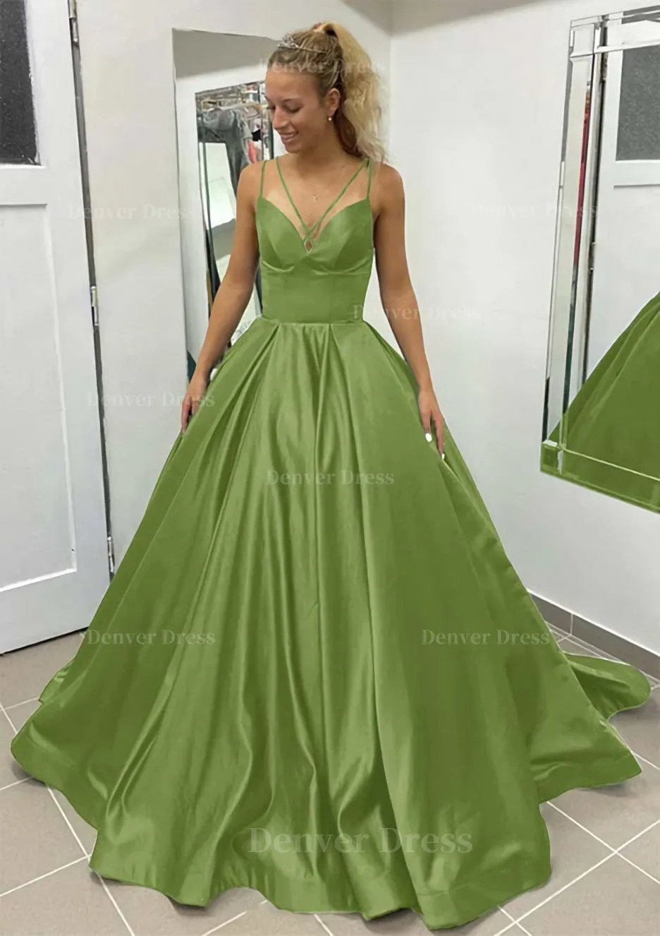 Ball Gown Sleeveless Scalloped Neck Sweep Train Satin Prom Dress With Pleated Pockets